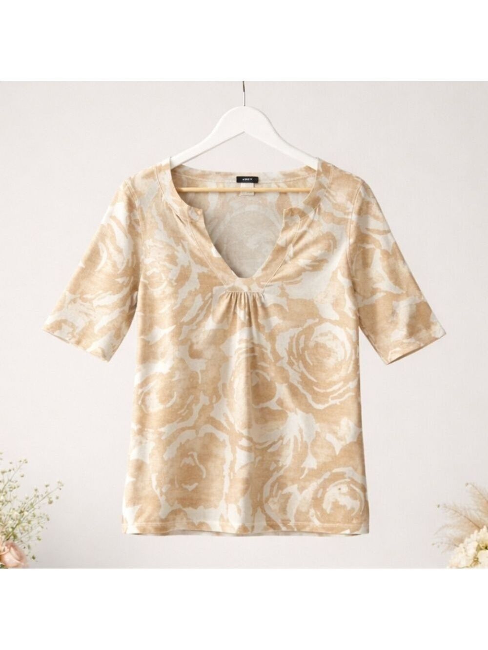 J.Crew Women's Floral Beige & White V-Neck Top, Size Small